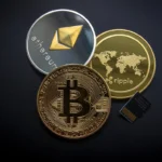 Various cryptocurrency coins and a chip